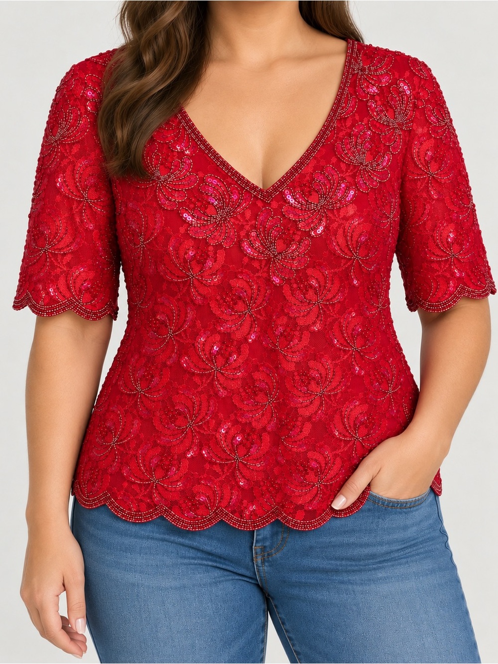 Vintage Red all-over handmade beaded Blouse L for Valentine’s Day!